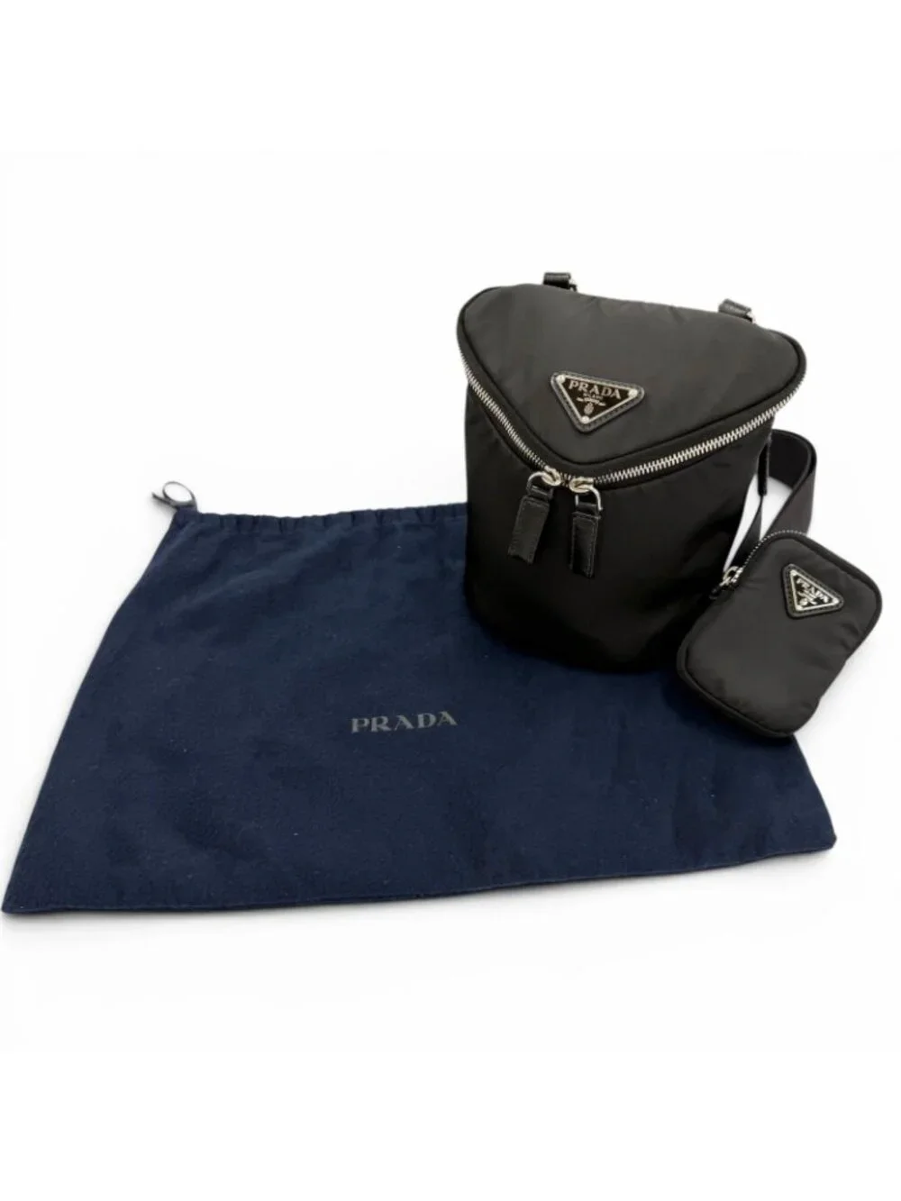 Prada Nylon Leather Re-Nylon Triangle Logo Shoulder Bag Black Silver with Plate